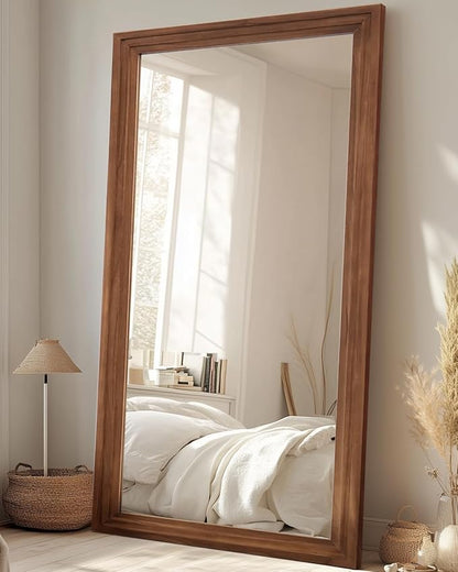 Full Length Mirror, 76"x34" Wooden Mirror Full Length with Stand Wood Floor Mirror, Oversized Stand Up Mirrors Large Wall Mirrors, Wall Mounted Mirrors, Rect Wood Style, Brown