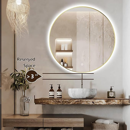 32" Round LED Bathroom Mirror, Wall Mounted Round Backlit Mirror LED Bathroom Vanity Mirror with Light Fog Free Circle Lighted Mirror with Shiny Gold Frame, Smart Light up Mirror 3-Color