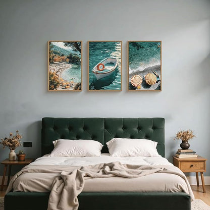 Aryroi Italy Spring Coastal Seascape Framed Canvas Wall Art Set,Mediterranean Amalfi Italian Blue Green Seaside Beach Decor,Natural Foreign Travel City Summer Artwork for Living Room,Farmhouse- 24"x36"x3