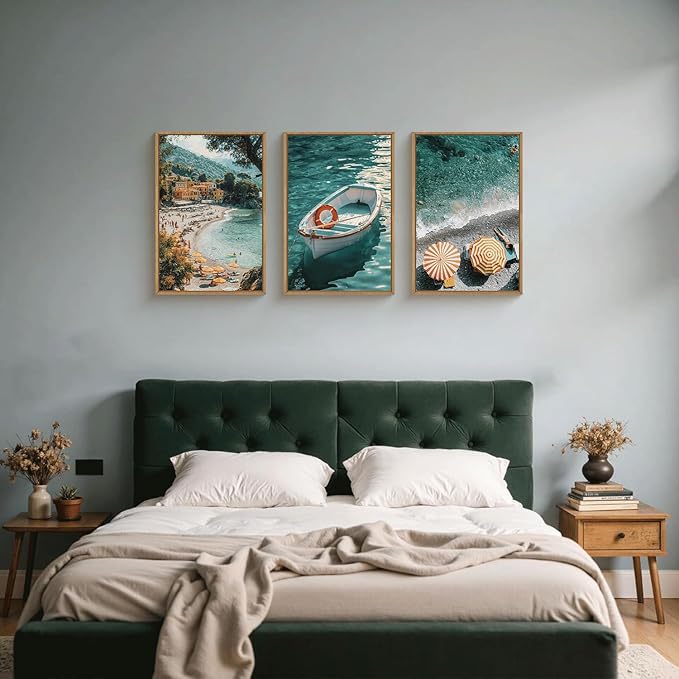 Aryroi Italy Coastal Seascape Framed Canvas Wall Art Set,Mediterranean Amalfi Italian Blue Green Seaside Beach Decor,Natural Foreign Travel City Summer Artwork for Living Room,Farmhouse- 16"x24"x3