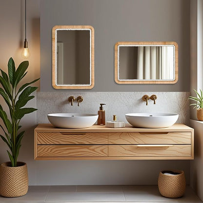 FUIN 30x20 Inch Rattan Wall Mirror with White Bead Trim, Handmade Boho Bathroom Vanity Mirror, Natural Rectangular Hanging Mirror for Bedroom, Living Room, Entryway, Vertical or Horizontal Mount
