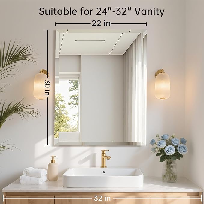 22x30 Inch Rectangle Frameless Mirror, Beveled Bathroom Mirror, Frameless Wall Mirror with 1" Beveled Edge for Bathroom Vanity, Entryway, Living Room