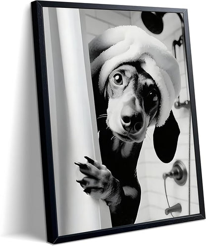 XYHYRA Black and White Bathroom Wall Art, Funny Dachshund Canvas Prints Poster, Cute Animal Wall Decor Picture, Modern Farmhouse Restroom Bathroom Home Decoration 16x24 Inch Wood Framed