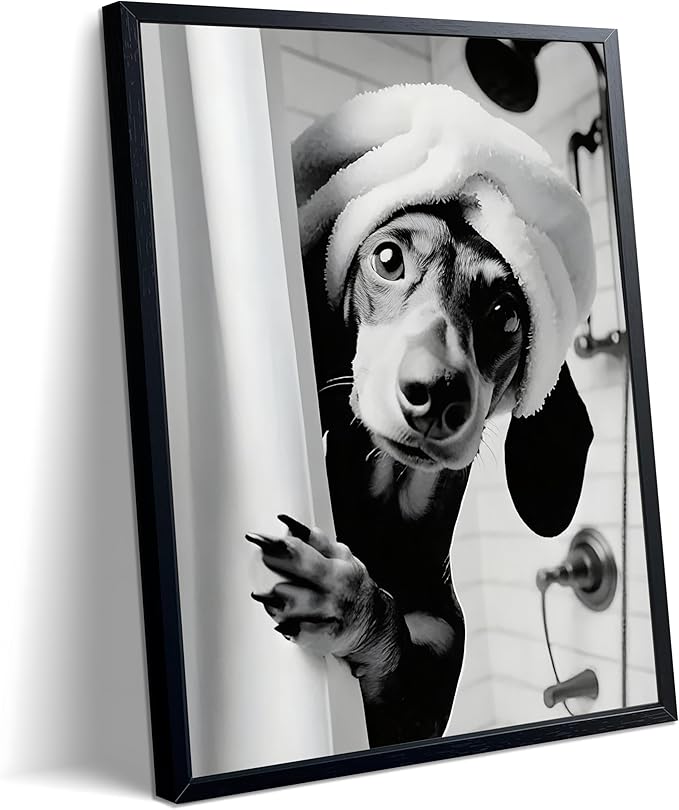 XYHYRA Black and White Bathroom Wall Art, Funny Dachshund Canvas Prints Poster, Cute Animal Wall Decor Picture, Modern Farmhouse Restroom Bathroom Home Decoration 8x10 Inch Wood Framed