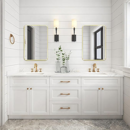 Wall Mount Mirror for Bathroom, Brushed Gold Metal Framed Rounded Corner Rectangular Vanity Mirror (18" x 24", Gold)