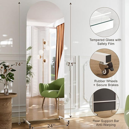 71” x 24” Arched Full Length Rolling Floor Mirror on Lockable Wheels, Large Whole Body for Home Gym & Dance Studio, Shatter-Resistant Tempered Safety Glass, 360° Swivel, White Metal Frame and Stand