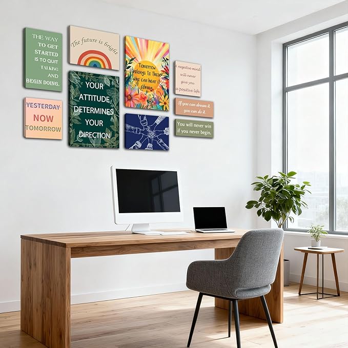 Halioyo Motivational Office Wall Art Set of 9, Women Inspirational Canvas Prints for Workplace, Positive Affirmations Wall Decor for Lobby Reception Study Room, Ready to Hang
