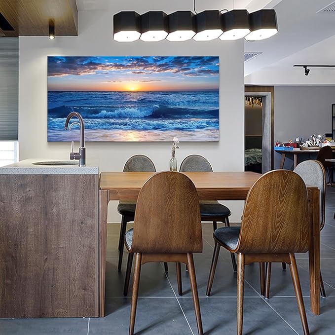 Wapluam Large Canvas Wall Art - Modern Decor for Living Room, Bedroom, Office - Ocean Beach Scene - Blue Sea View - Framed Prints - 24" x 48"
