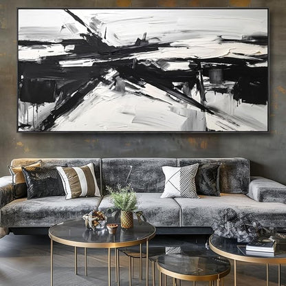 Wall Art Abstract Canvas Painting Black and White Modern Artwork for Living Room Bedroom Dining Room Home Office Decor 24"x48" with Framed
