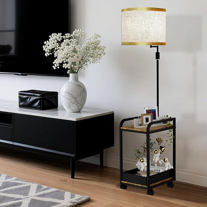 Lightdot 63IN Floor Lamps withTable&Basket, Modern Standing Tall Lamps with Adjustable Fabric Shade and Movable Casters, End Table Lamp for Living Room/Sofa Beside/Corner Decor-Black(Bulb Included)