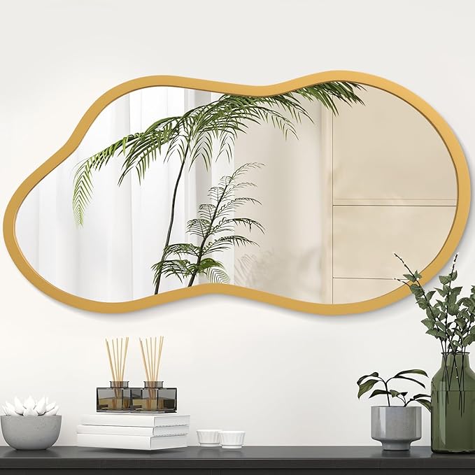 AAZZKANG Large Wall Mirror with Wood Framed 26"x16" Gold Irregular Hanging Mirrors Asymmetrical for Bathroom Bedroom Living Room Entryway