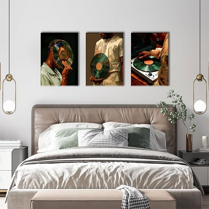 AOYUSMO 3 Piece African American Wall Art Black Men Wall Decor Fashion Music Pictures Record Canvas Art Music Studio Paintings Modern Trendy Artwork For Living Room Bedroom 16"x24"
