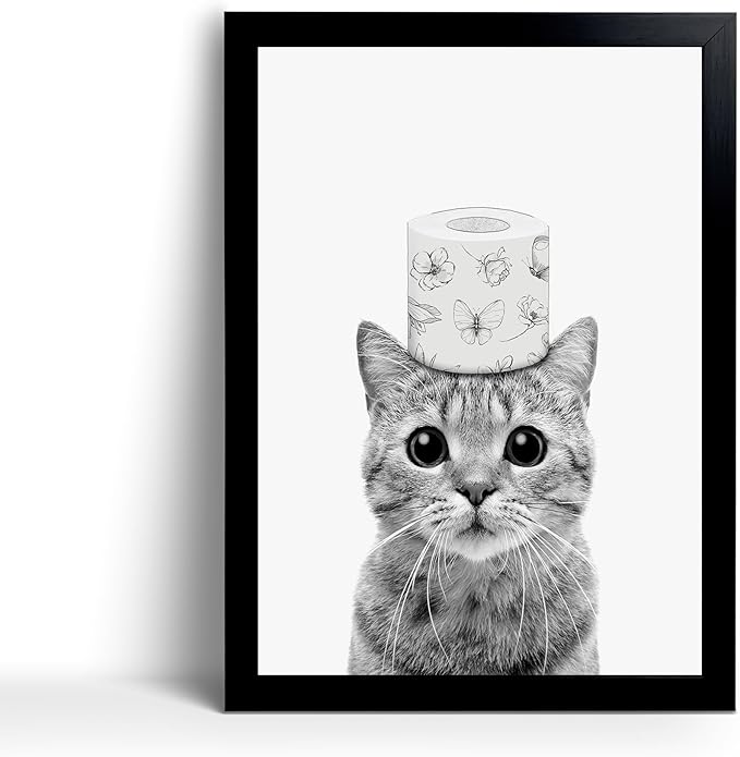 Toilet Paper Prints - Cute Cat Wall Decor - Funny Black and White Bathroom Pictures Canvas Art - Home Decor for Bathroom