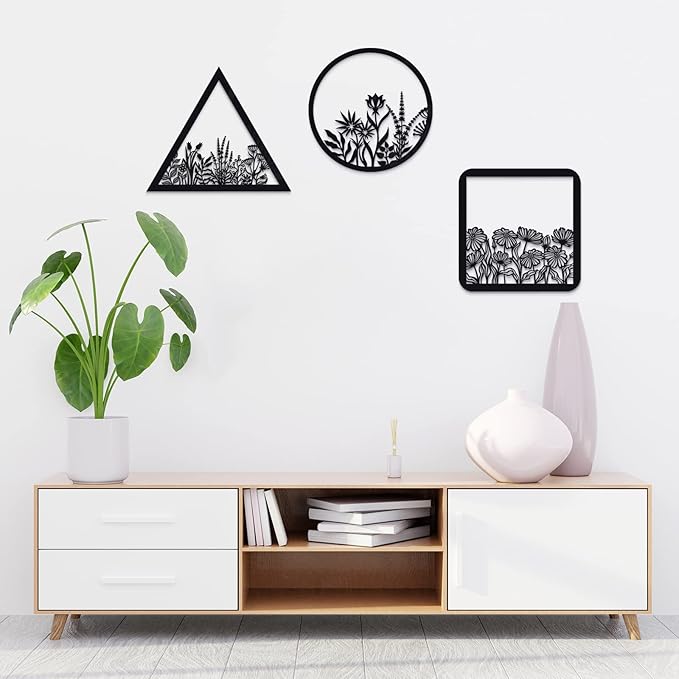 Blulu 3 Pieces Wall Art Wood Wall Pediments Sacred Boho Art Wooden Floral Decor Minimalist Floral Hanging Flower Artwork for Home Dining Room(10 Inch,Dark Black)