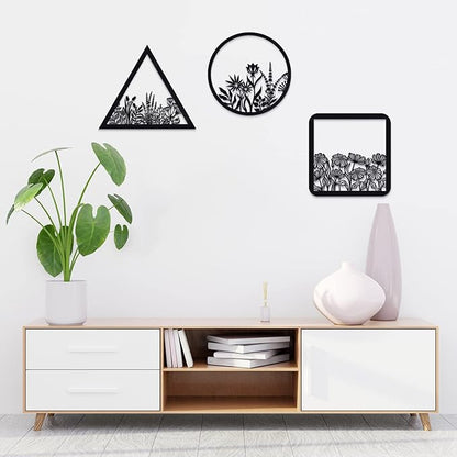 Blulu 3 Pieces Wall Art Wood Wall Pediments Sacred Boho Art Wooden Floral Decor Minimalist Floral Hanging Flower Artwork for Home Dining Room(10 Inch,Dark Black)