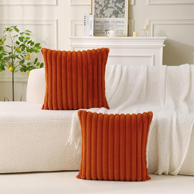 Decorative Throw Pillow with Inserts, Set of 2 Soft Faux Fur Throw Pillows, Square Boho Striped Pillow for Couch, Bed, Sofa Decor (Brownish-Orange, 18" x 18"(Pack of 2))
