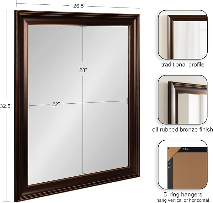 Kate and Laurel Galiano Traditional Framed Rectangle Bathroom Vanity Mirror, 27 x 33, Bronze, Classic Rectangular Bathroom Mirror for Over Sink or for Use as Entryway or Living Room Decor