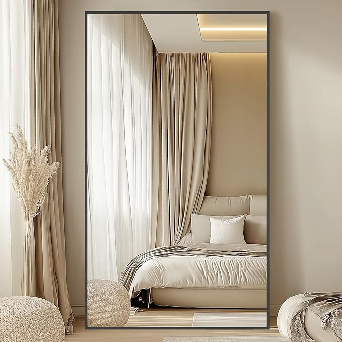 Oversized Standing Mirror Full Length, 76"X44" Extra Large Floor Mirror with Stand, Hanging or Wall Mounted, Black Full Body Mirror for Gym Bedroom Living Room Clothing Store, Tempered Glass