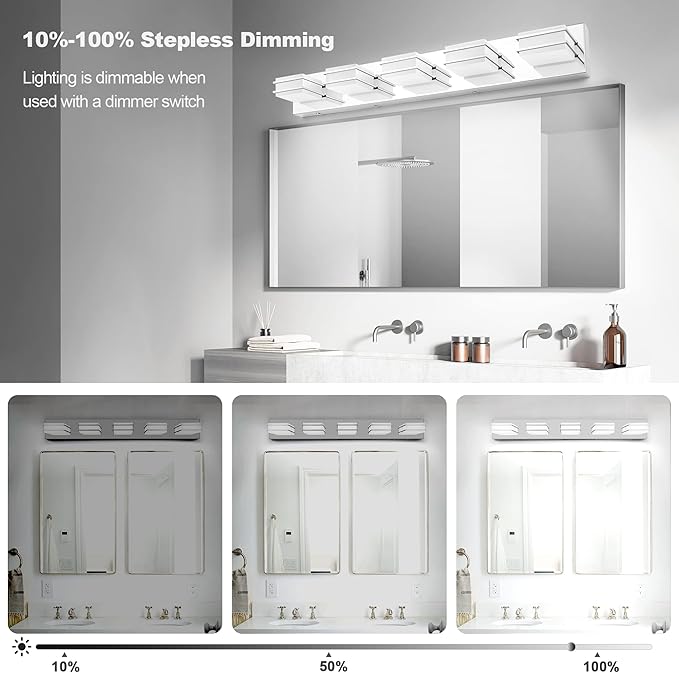 GOODATE 3 Color Temperature Dimmable Vanity Lighting Fixtures, LED Chrome 5 Light Bathroom Vanity Light, Acrylic Stainless Steel Square Shade Vanity Lights for Bathroom, ETL Certificated