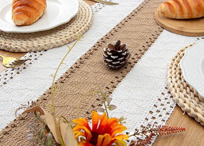 FEXIA Boho Table Runner for Home Coffee Decor 72 Inches Long Farmhouse Rustic Table Runner Macrame Burlap Centerpieces for Tables Decoration for Kitchen Bedroom Decor Bridal Shower (12x72 Inches)