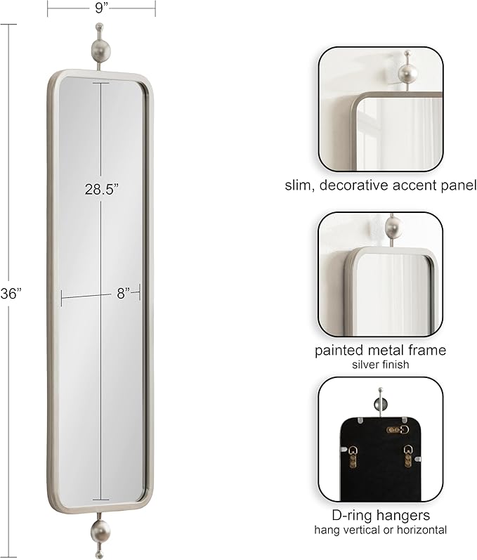 Kate and Laurel Kasota Traditional Slim Panel Wall Mirror, 9 x 36, Silver, Vintage Tall Mirror for Use as Versatile Entryway or Bedroom Wall Decor
