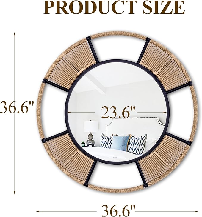 Large Round Mirrors for Wall Decor, 36.6'' Boho Coastal Mirror with Detachable Rattan and Black Metal Frame, Black Farmhouse Mirror for Bathroom Power Room Fireplace Hallway