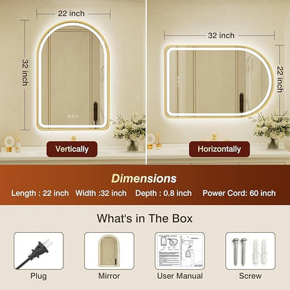 22x32 Inch Arched Gold Framed LED Bathroom Mirror with Lights, Built-in Bluetooth Speaker,Tempered Glass,Dimmable Lighted Bathroom Vanity Mirror with 3 Colors, Backlit + Frontlit, Memory, Anti-Fog