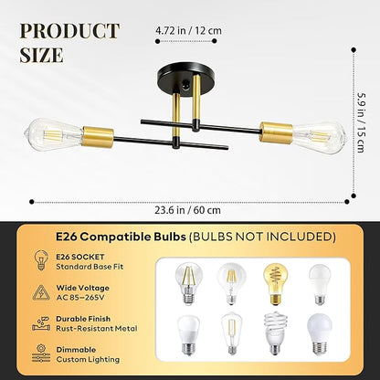 Modern Sputnik Chandelier Ceiling Light Fixtures, 2-Lights Mid Century Industrial Metal Semi Flush Mount for Dining Room, Bedroom, Living Room-Black and Gold