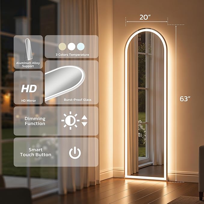 63"x20" Arched Full Length Mirror with LED Lights, Body Floor Mirror with Dimming & 3 Color Lighting, Mirror Full Length for Home Wall Decor, Tall Arch Aluminum Frame for Bedroom Cloakroom