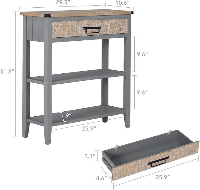 RUSTOWN Farmhouse Console Table with Drawer, 3-Tier Rustic Entryway Table with Open Storage Shelves and Handmade Metal Handle, Narrow Foyer Sofa Table for Living Room, Entryway, Hallway (Grey)