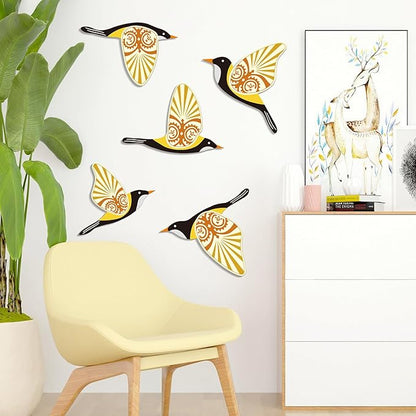 KOYILTD 5 Piece Bird Wood Wall Sculptures Wooden Wall Art Decor Scandinavian Home Decorations Flying Bird Wall Decor Farmhouse Wall Art for Home Living Room Bathroom Dining Room (Yellow)
