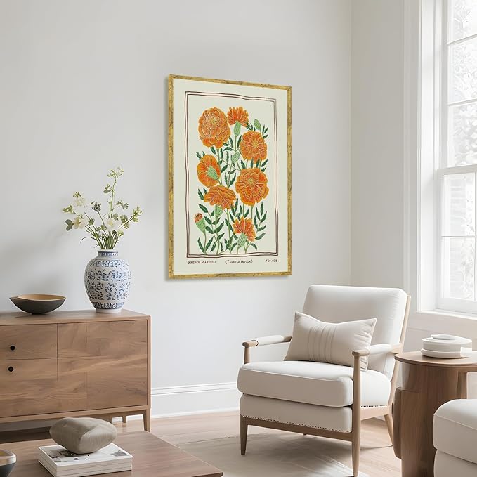Large Gold Framed Vintage French Marigold Botanical Wall Art Retro Floral Canvas Painting Print Stylish Birth Flower Pictures Farmhouse Artwork for Bedroom Home Garden-Inspired Decor 24x36inch