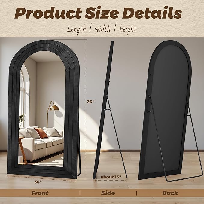 Antok Full Length Mirror with Solid Wood Frame, 76"×34" Wall Mounted Oversized Floor Mirror with Stand, Leaning Standing Hanging for Bedroom Living Room Entryway, Black, Arched Syle