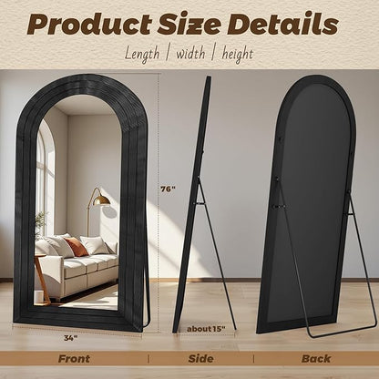 Antok Full Length Mirror with Solid Wood Frame, 76"×34" Wall Mounted Oversized Floor Mirror with Stand, Leaning Standing Hanging for Bedroom Living Room Entryway, Black, Arched Syle