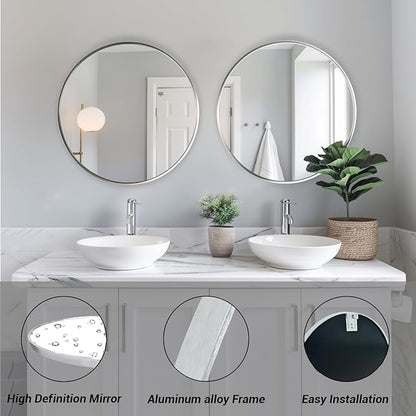 Sunniry Silver Round Mirror 24 inch, 2 Pack Silver Circle Mirror, Round Bathroom Mirrors Metal Frame for Bathroom, Bedroom, Living Room, Hallway.