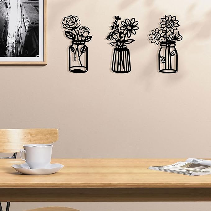 3 Pcs Metal Flower Wall Decor,Black Metal Art Wall Decor Minimalist Floral Wall Decor Multiple Flowers with Vases Sculpture Wall Hanging Decor for Bathroom Living Room Kitchen Office
