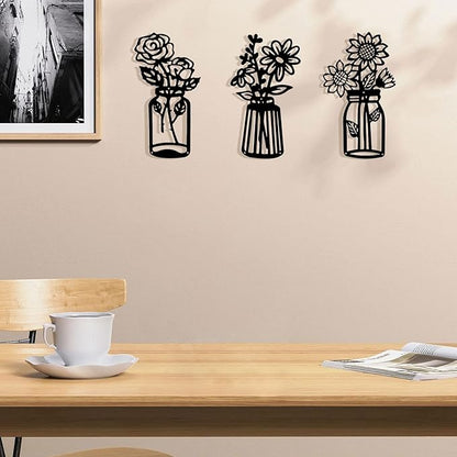 3 Pcs Metal Flower Wall Decor,Black Metal Art Wall Decor Minimalist Floral Wall Decor Multiple Flowers with Vases Sculpture Wall Hanging Decor for Bathroom Living Room Kitchen Office