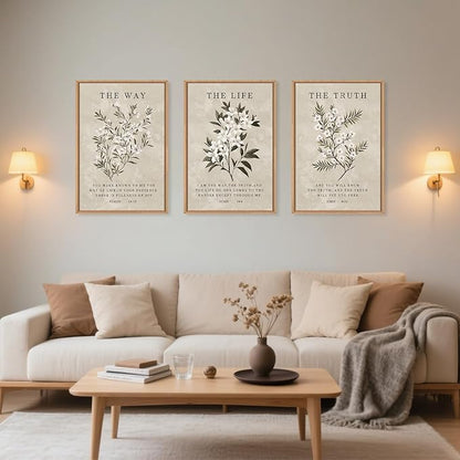 Vintage The Way The Truth The Life Framed Canvas Wall Art Set,Boho Floral Christian Scripture Wall Decor,Religious Botanical Psalm Verse Artwork for Living Room,Bedroom,Prayer Room-16"x24"x3