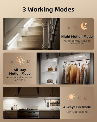 EZVALO 3-Pack Under Cabinet Lighting, 4000mAh Rechargeable Motion Sensor Light, 16inch Magnetic Closet Lights with Dimmable & 3 Color Temps, Wireless Motion Activated Lights with Remote for Kitchen