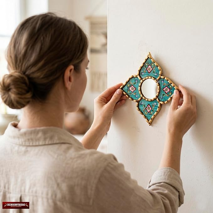 Peruvian Artisan Mirror for wall Decor– Small Diamond/Square wall Mirror with Bronze Leaf Frame (Turquoise)