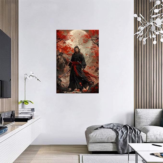 Oriental Samurai Wall Art Black and Red Warrior Wall Decor Canvas Prints Warrior Figure Pictures Bushido Posters Artwork Framed for Living Room Bathroom Bedroom Office (28''W x 44''H)