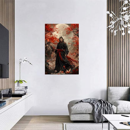 Oriental Samurai Wall Art Black and Red Warrior Wall Decor Canvas Prints Warrior Figure Pictures Bushido Posters Artwork Framed for Living Room Bathroom Bedroom Office (28''W x 44''H)