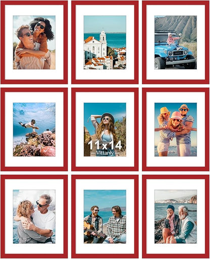 Vittanly 11x14 Picture Frames Set of 9, Shatter Resistant Plexiglass, Display 8x10 Pictures with Mat or 11x14 without Mat, Photo Frames for Wall or Tabletop, Engineered Wood, Red
