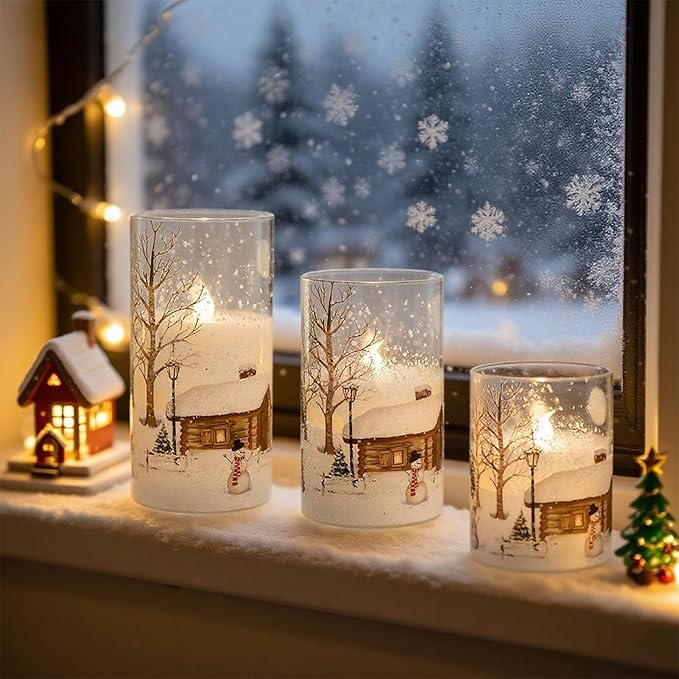 Snowman Glass Flameless Candles Rechargeable Battery Operated with Remote and Timer Real Wax LED Flickering Pillar Candles White Cold Light Window Christmas Holiday Decor D3 x 4",5",6"