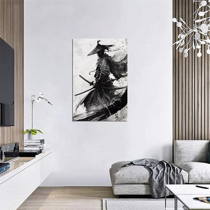 Black and White Warrior Wall Decor Japanese Samurai Wall Art Prints Vintage Japanese Cultural Samurai Pictures Canvas Painting Framed for Living Room Bathroom Bedroom Office (28''W x 44''H)
