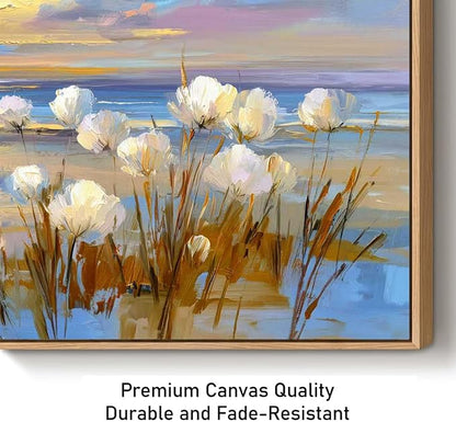 BQVCT Coastal Beach Scene Canvas Wall Art 24x48 Inch with Frame White Flowers and Ocean Sunset Painting Nautical Nature Decor for Living Room Bedroom Office