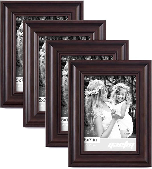 Yaetm 5x7 Picture Frame Set of 4, 1.4” Wide Molding & Dark Brown Photo Frames 5 x 7 with HD Tempered Glass, Display on Tabletop & Wall Mounting (4 Pack, Brown)