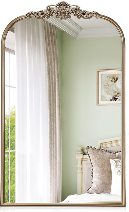 Gold Vintage Mirror, 24” x 40” Arched Ornate Baroque Mirror for Fireplace Mantel, Antique Brass Bathroom Mirrors for Wall with Metal Frame for Entryway, Bedroom, Living Room