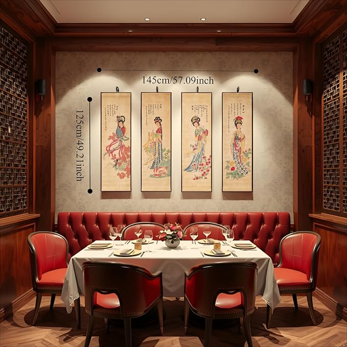Large Japanese Geisha Woman Wall Art Framed Painting Decor, Four Panel Figure Artwork Old Japan Scroll For Home Sushi Restaurant Walls Hanging
