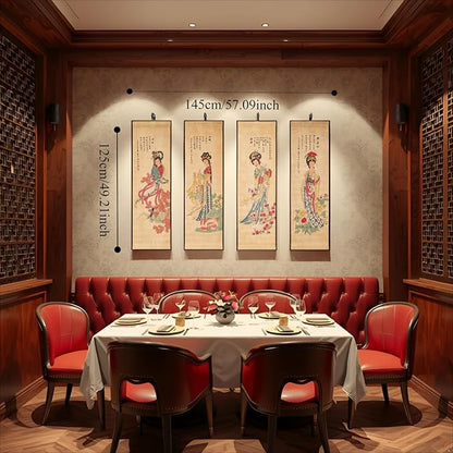 Large Japanese Geisha Woman Wall Art Framed Painting Decor, Four Panel Figure Artwork Old Japan Scroll For Home Sushi Restaurant Walls Hanging